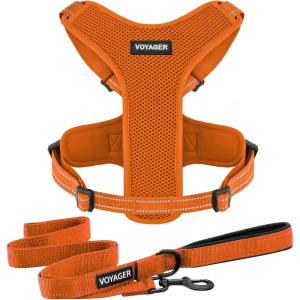 imageAir Frontier Mesh Dog Harness with and Reflective Dog Leash Set Reflective Stitching and Lightweight Breathable NoPull Design Adjustable Neck and Chest Straps for Small to Large Breeds  RDW MHarness Leash Set Orange Mesh