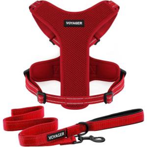 imageAir Frontier Mesh Dog Harness with and Reflective Dog Leash Set Reflective Stitching and Lightweight Breathable NoPull Design Adjustable Neck and Chest Straps for Small to Large Breeds  RDW MHarness Leash Set Red Mesh