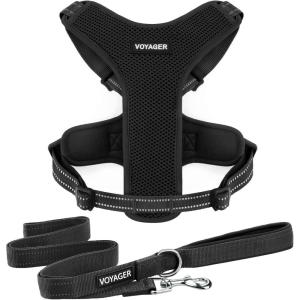 imageAir Frontier Mesh Dog Harness with and Reflective Dog Leash Set Reflective Stitching and Lightweight Breathable NoPull Design Adjustable Neck and Chest Straps for Small to Large Breeds  RDW MHarness Leash Set Black Mesh