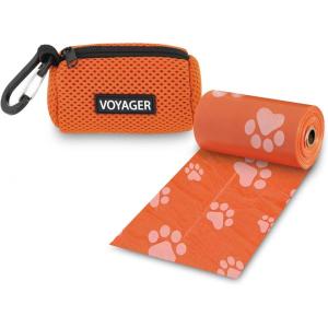 imageBest Pet Supplies Dog Poop Bag Holder Leash Attachment with 15 Bags Red Reusable Mesh Dispenser Pouch for Travel Walking Park and Outdoor Use Soft and Durable with ClipOnOrange Mesh