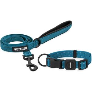 imageBest Pet Supplies Reflective Dog Collar with Adjustable Length HeavyDuty Buckle and Strong Leash DRing Training Walking Jogging Accessory for Small Medium and Large Breeds  Purple MLeash Collar Set Turquoise