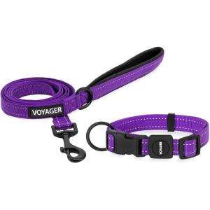 imageBest Pet Supplies Reflective Dog Collar with Adjustable Length HeavyDuty Buckle and Strong Leash DRing Training Walking Jogging Accessory for Small Medium and Large Breeds  Purple MLeash Collar Set Purple