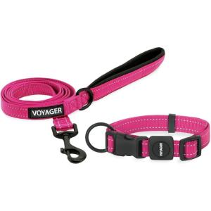 imageBest Pet Supplies Reflective Dog Collar with Adjustable Length HeavyDuty Buckle and Strong Leash DRing Training Walking Jogging Accessory for Small Medium and Large Breeds  Purple MLeash Collar Set Fuchsia