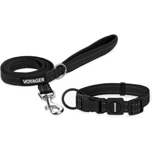 imageBest Pet Supplies Reflective Dog Collar with Adjustable Length HeavyDuty Buckle and Strong Leash DRing Training Walking Jogging Accessory for Small Medium and Large Breeds  Purple MLeash Collar Set Black