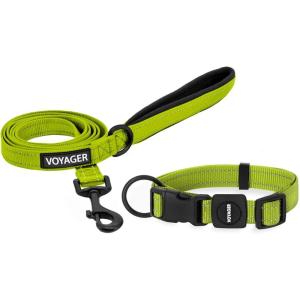 imageBest Pet Supplies Reflective Dog Collar with Adjustable Length HeavyDuty Buckle and Strong Leash DRing Training Walking Jogging Accessory for Small Medium and Large Breeds  Purple MLeash Collar Set Lime Green