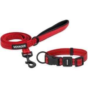 imageBest Pet Supplies Reflective Dog Collar with Adjustable Length HeavyDuty Buckle and Strong Leash DRing Training Walking Jogging Accessory for Small Medium and Large Breeds  Purple MLeash Collar Set Red