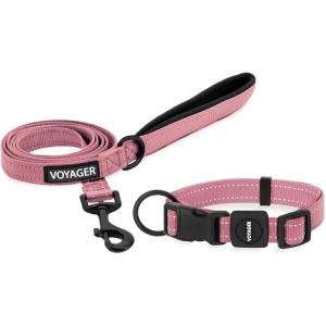 imageBest Pet Supplies Reflective Dog Collar with Adjustable Length HeavyDuty Buckle and Strong Leash DRing Training Walking Jogging Accessory for Small Medium and Large Breeds  Purple MLeash Collar Set Pink
