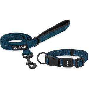 imageBest Pet Supplies Reflective Dog Collar with Adjustable Length HeavyDuty Buckle and Strong Leash DRing Training Walking Jogging Accessory for Small Medium and Large Breeds  Purple MLeash Collar Set Blue