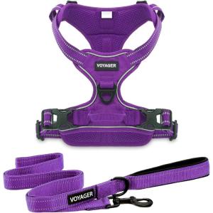 imageVoyager Dog Harness Dual Leash Attachment NoPull Control Adjustable Soft but Strong Pet Harness for Medium and Large Dogs with 3M Reflective Technology  Harness Leash Set Royal Blue Lattice MHarness Leash Set Purple Nylon