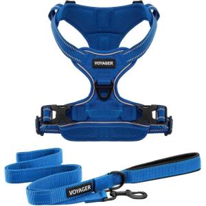 imageVoyager Dog Harness Dual Leash Attachment NoPull Control Adjustable Soft but Strong Pet Harness for Medium and Large Dogs with 3M Reflective Technology  Harness Leash Set Royal Blue Lattice MHarness Leash Set Royal Nylon