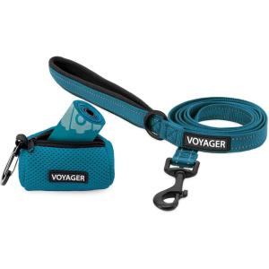 imageVoyager Reflective Dog Leash with Neoprene Handle 5 FT and Reusable Mesh Dispenser Poop Bag Holder Set for Travel Walking Park and Outdoor Use Soft and Durable with ClipOn  TurquoiseTurquoise