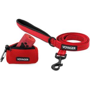 imageVoyager Reflective Dog Leash with Neoprene Handle 5 FT and Reusable Mesh Dispenser Poop Bag Holder Set for Travel Walking Park and Outdoor Use Soft and Durable with ClipOn  TurquoiseRed Mesh