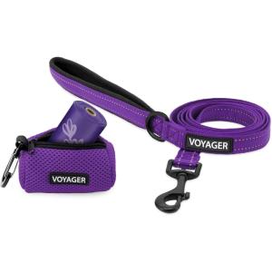 imageVoyager Reflective Dog Leash with Neoprene Handle 5 FT and Reusable Mesh Dispenser Poop Bag Holder Set for Travel Walking Park and Outdoor Use Soft and Durable with ClipOn  TurquoisePurple Dispenser