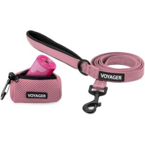 imageVoyager Reflective Dog Leash with Neoprene Handle 5 FT and Reusable Mesh Dispenser Poop Bag Holder Set for Travel Walking Park and Outdoor Use Soft and Durable with ClipOn  TurquoisePink Mesh