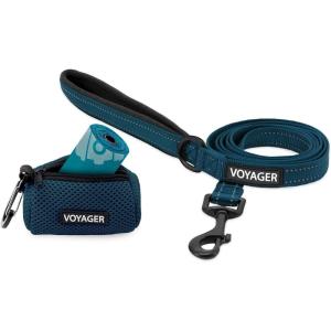 imageVoyager Reflective Dog Leash with Neoprene Handle 5 FT and Reusable Mesh Dispenser Poop Bag Holder Set for Travel Walking Park and Outdoor Use Soft and Durable with ClipOn  TurquoisePrussian Blue Dispenser