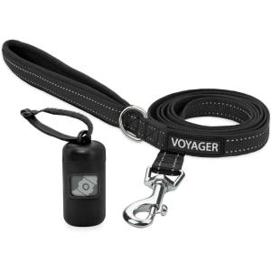 imageVoyager Reflective Dog Leash with Neoprene Handle 5 FT and Reusable Plastic Dispenser Poop Bag Holder Set for Walking and Outdoor Use Soft and Durable with ClipOn  Orange Orange DispenserLeash Dispenser Set Black