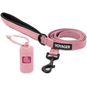 imageVoyager Reflective Dog Leash with Neoprene Handle 5 FT and Reusable Plastic Dispenser Poop Bag Holder Set for Walking and Outdoor Use Soft and Durable with ClipOn  Orange Orange DispenserLeash Dispenser Set Pink