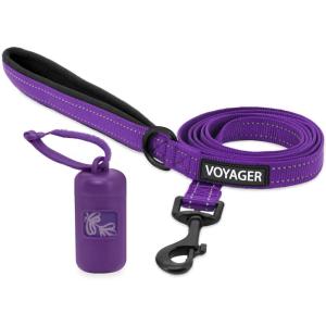 imageVoyager Reflective Dog Leash with Neoprene Handle 5 FT and Reusable Plastic Dispenser Poop Bag Holder Set for Walking and Outdoor Use Soft and Durable with ClipOn  Orange Orange DispenserLeash Dispenser Set Purple