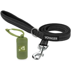 imageVoyager Reflective Dog Leash with Neoprene Handle 5 FT and Reusable Plastic Dispenser Poop Bag Holder Set for Walking and Outdoor Use Soft and Durable with ClipOn  Orange Orange DispenserLeash Dispenser Set Green