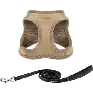imageVoyager Stepin Plush Dog Harness  Soft Plush Step in Vest Harness and Reflective Dog 5 ft Leash Combo with Neoprene Handle for Small and Medium Dogs by Best Pet Supplies Set Red Corduroy XSHarness Leash Set Latte Suede