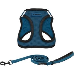 imageBest Pet Supplies  All Weather Mesh Reflective No Pull Harness for Small Medium Dogs Cats  Secure with Hook ampamp Loop Fastener Buckle Double DRings  Blue Trim MLeash Harness Set Blue Base