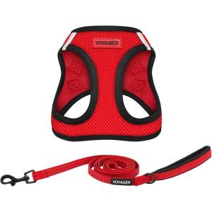 imageBest Pet Supplies  All Weather Mesh Reflective No Pull Harness for Small Medium Dogs Cats  Secure with Hook ampamp Loop Fastener Buckle Double DRings  Blue Trim MLeash Harness Set Red Base